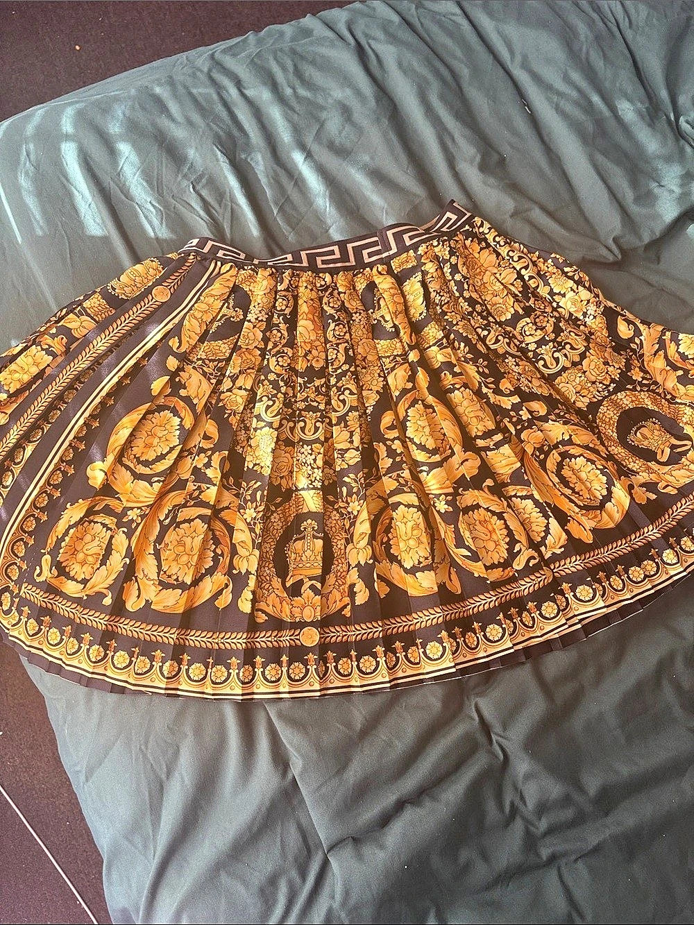 Versace Barocco Pleated Skirt Black & Orange